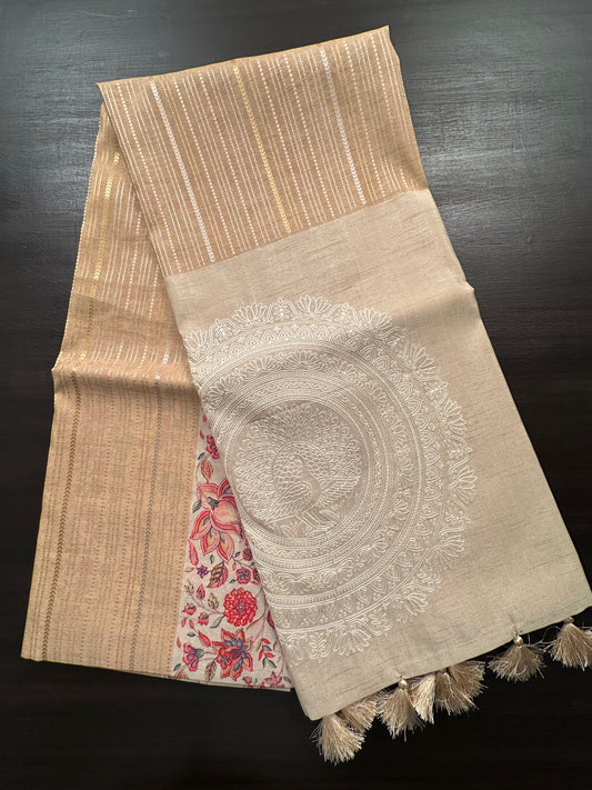 Golden-Beige Printed Art Silk Saree