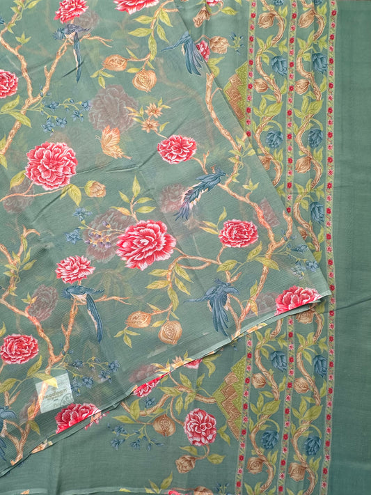 Sage Green Floral Print Chiffon Saree