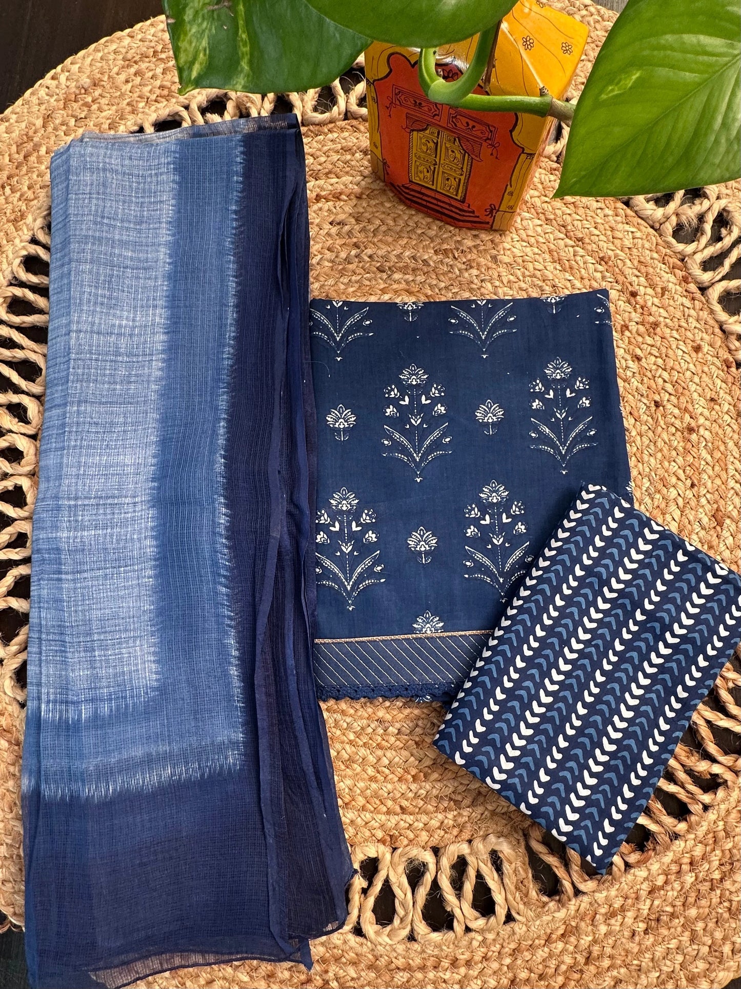 Navy Blue Jaipuri Cotton 3-Piece Suit