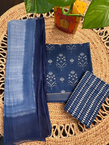 Navy Blue Jaipuri Cotton 3-Piece Suit