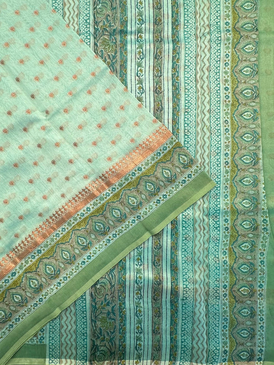 Sea Green Chanderi Saree with Hand Block Print