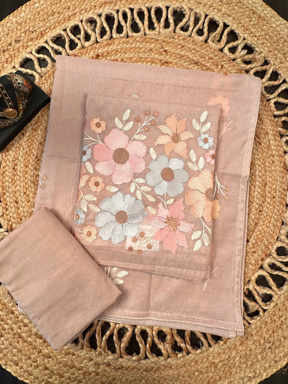 Light Beige Fancy Chanderi 3-Piece Unstitched Suit