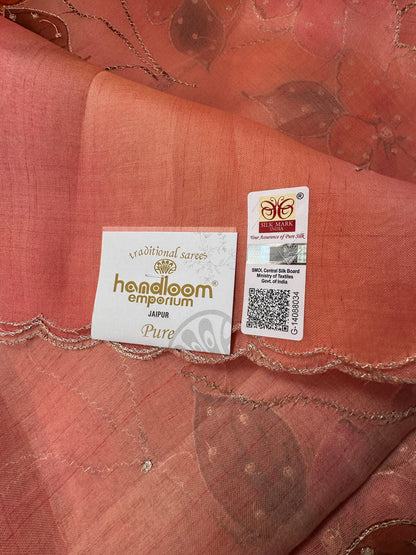 Peach Floral Print Organza Saree