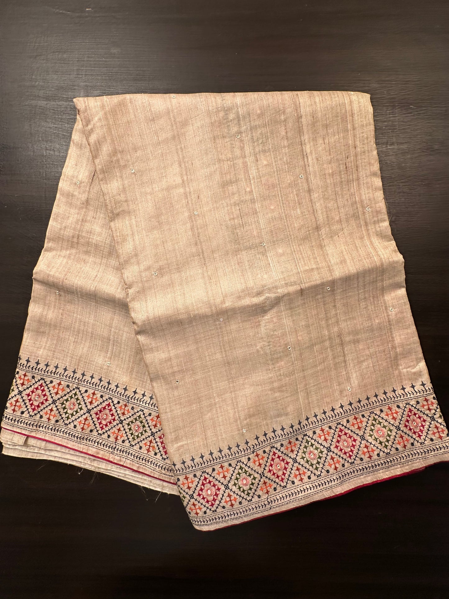 Beige Pure Tussar Silk Saree With Embroidery