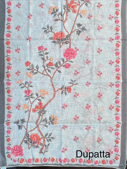 Powder Blue Hand Embroidery Fancy Cotton Suit