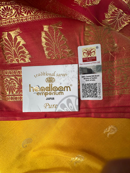 Yellow  Pondicherry Handloom Pure Silk Saree