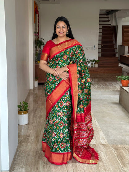 Bottle Green-Red Patola Handloom Silk Saree