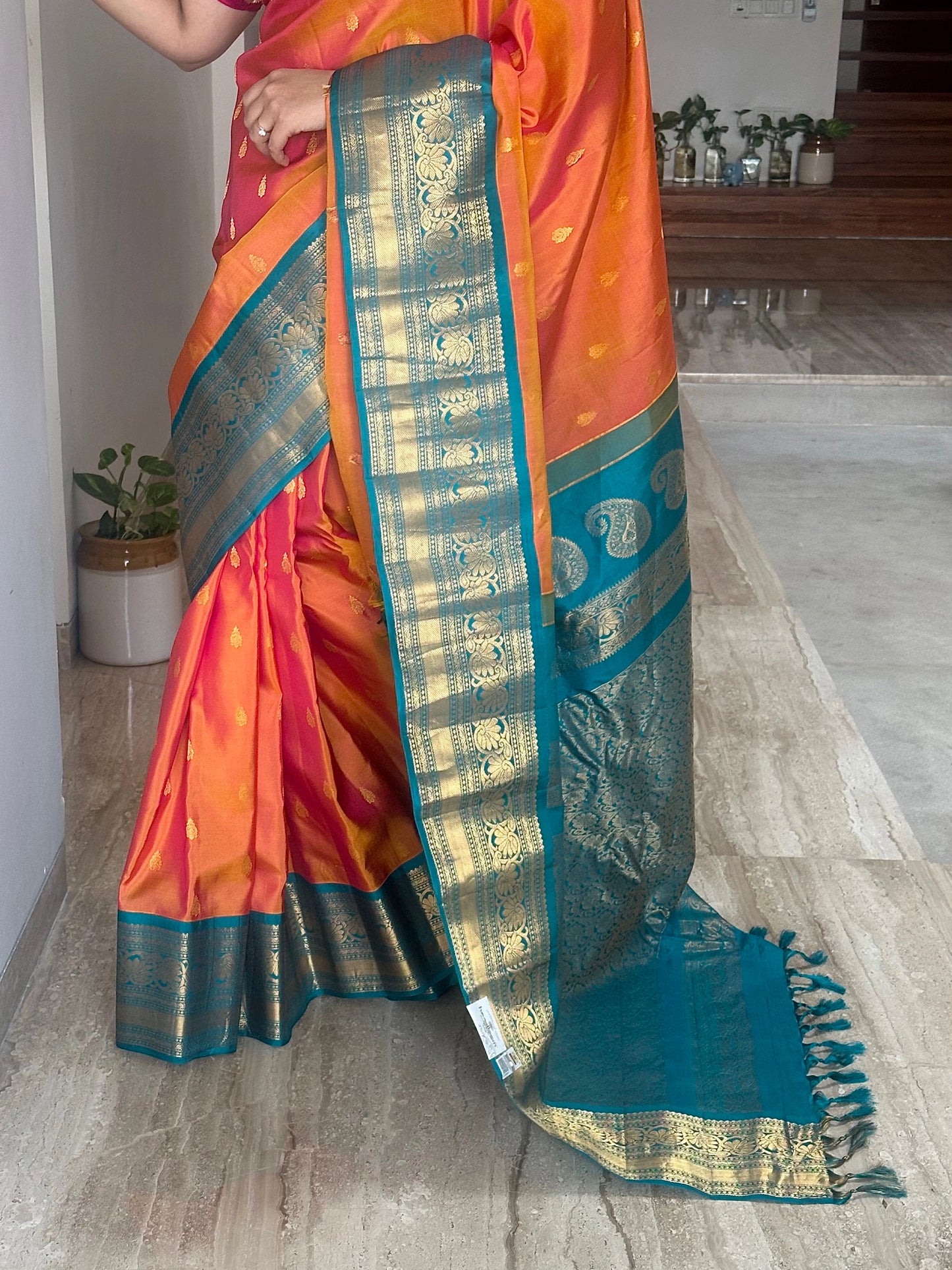 Orange-Rama Green Gadwal Pure Silk Saree