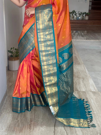 Orange-Rama Green Gadwal Pure Silk Saree