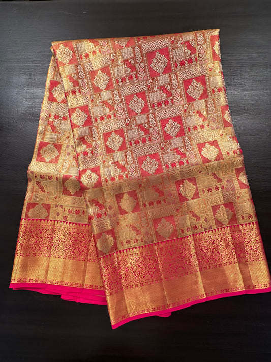 Golden-Rani Handloom  Jamawar Pure Tissue Silk Saree