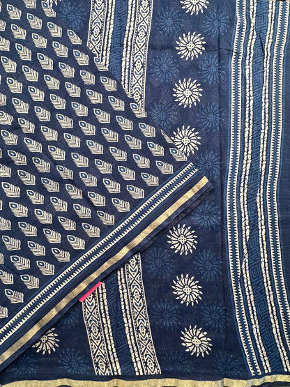 Indigo Blue Block Print Cotton Blend Saree