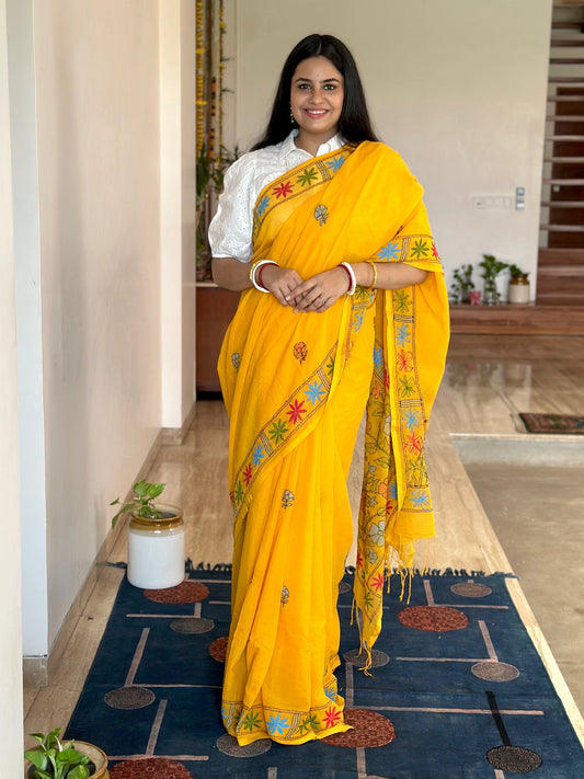 Yellow Kaantha Embroidery Cotton Saree