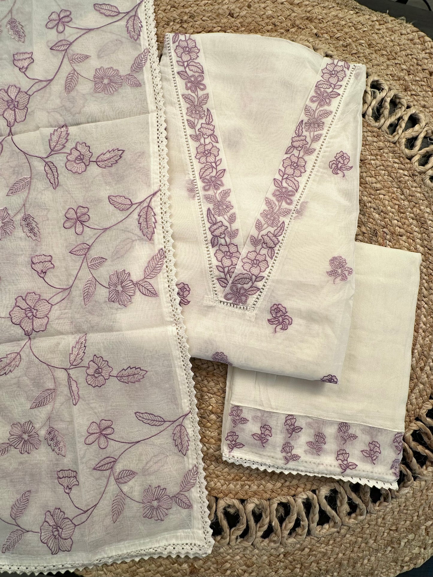 Off White-Purple Chanderi Suit