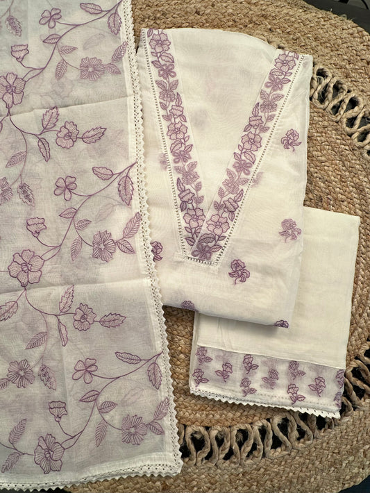 Off White-Purple Chanderi Suit