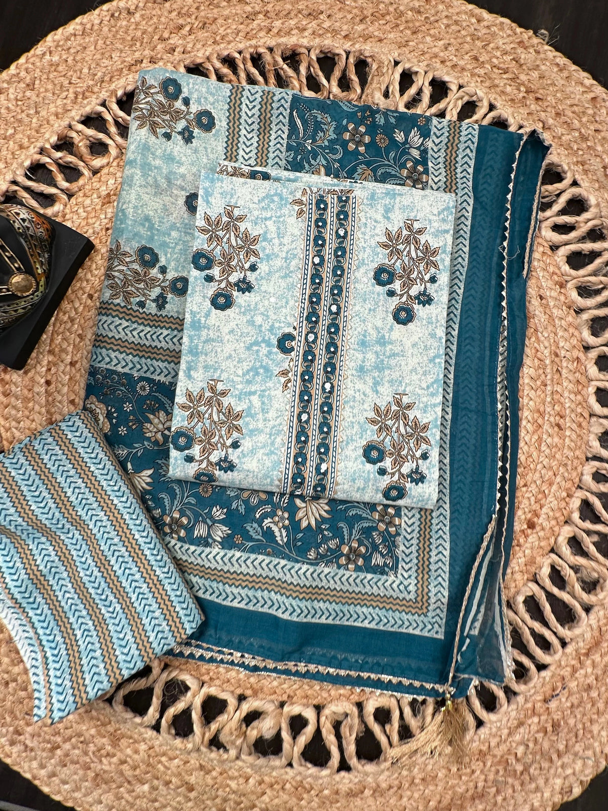 Sea Green Jaipuri Necktie Cotton 3-Piece Suit