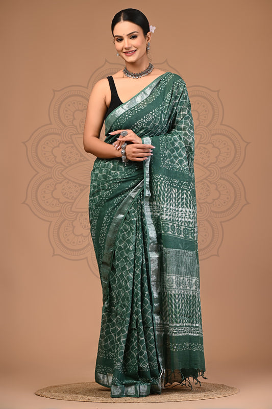 Pista Green Hand Block Printed Linen Saree