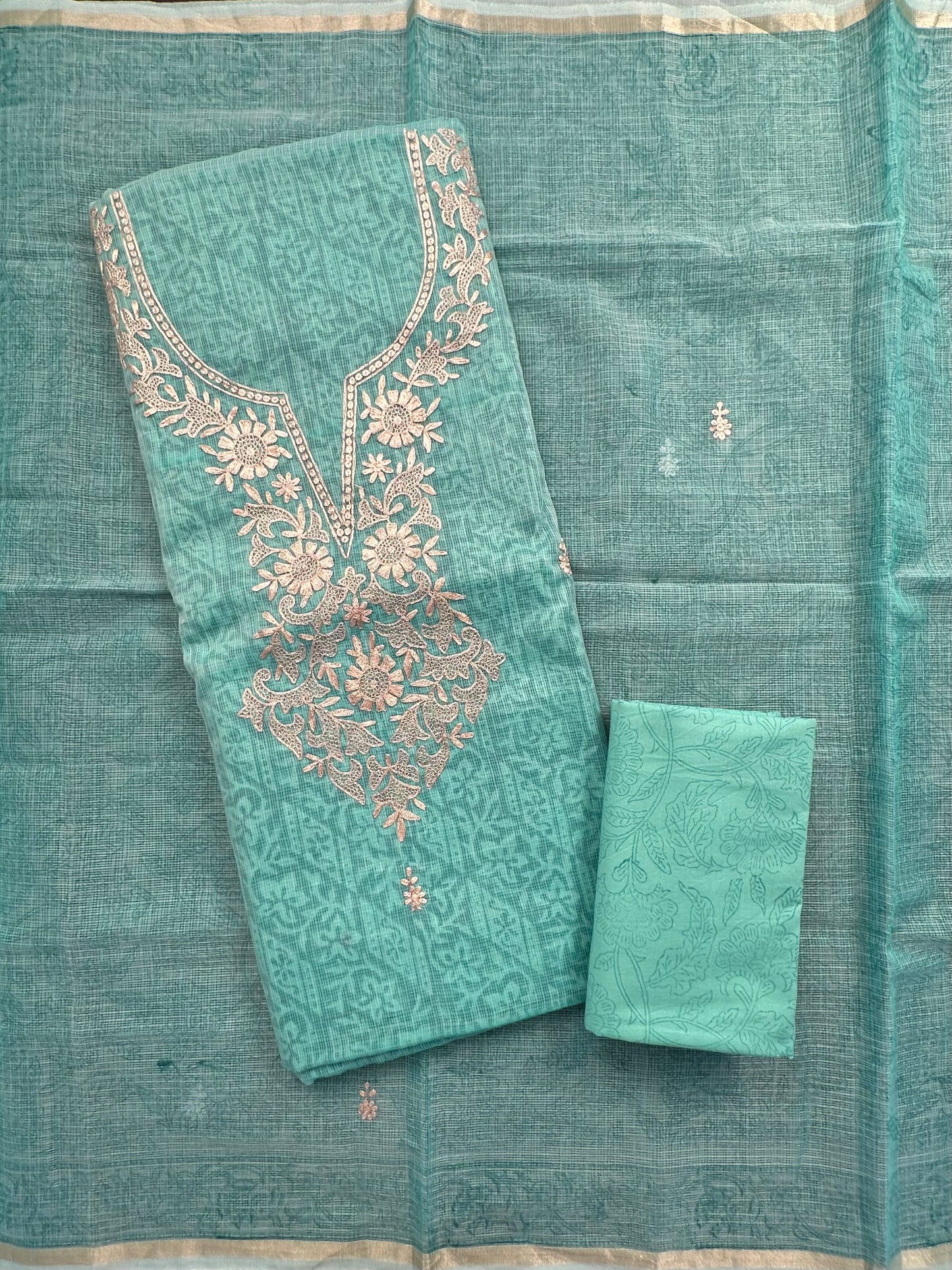 Sea Green 4-Piece Kota Doria Cotton Unstitched Suit