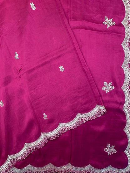 Deep Magenta Artificial Crepe Saree With Hand Work