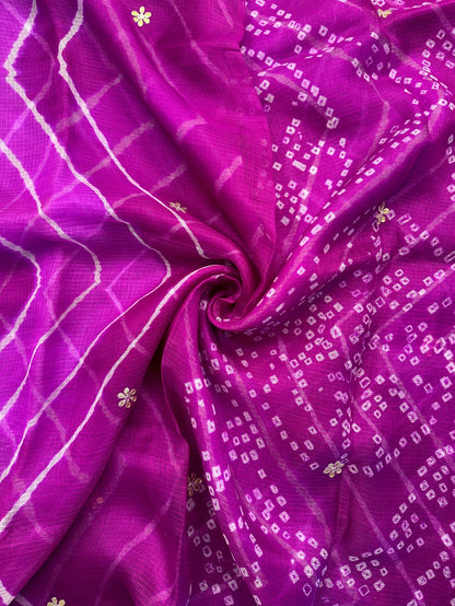 Purple Maitreyi Leheriya-Bandhej Kota Doria Pure Silk Saree With Gota Patti Work