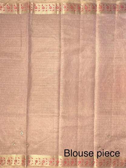 Dusky Pink Fancy Zari Cotton Saree With Hand Work