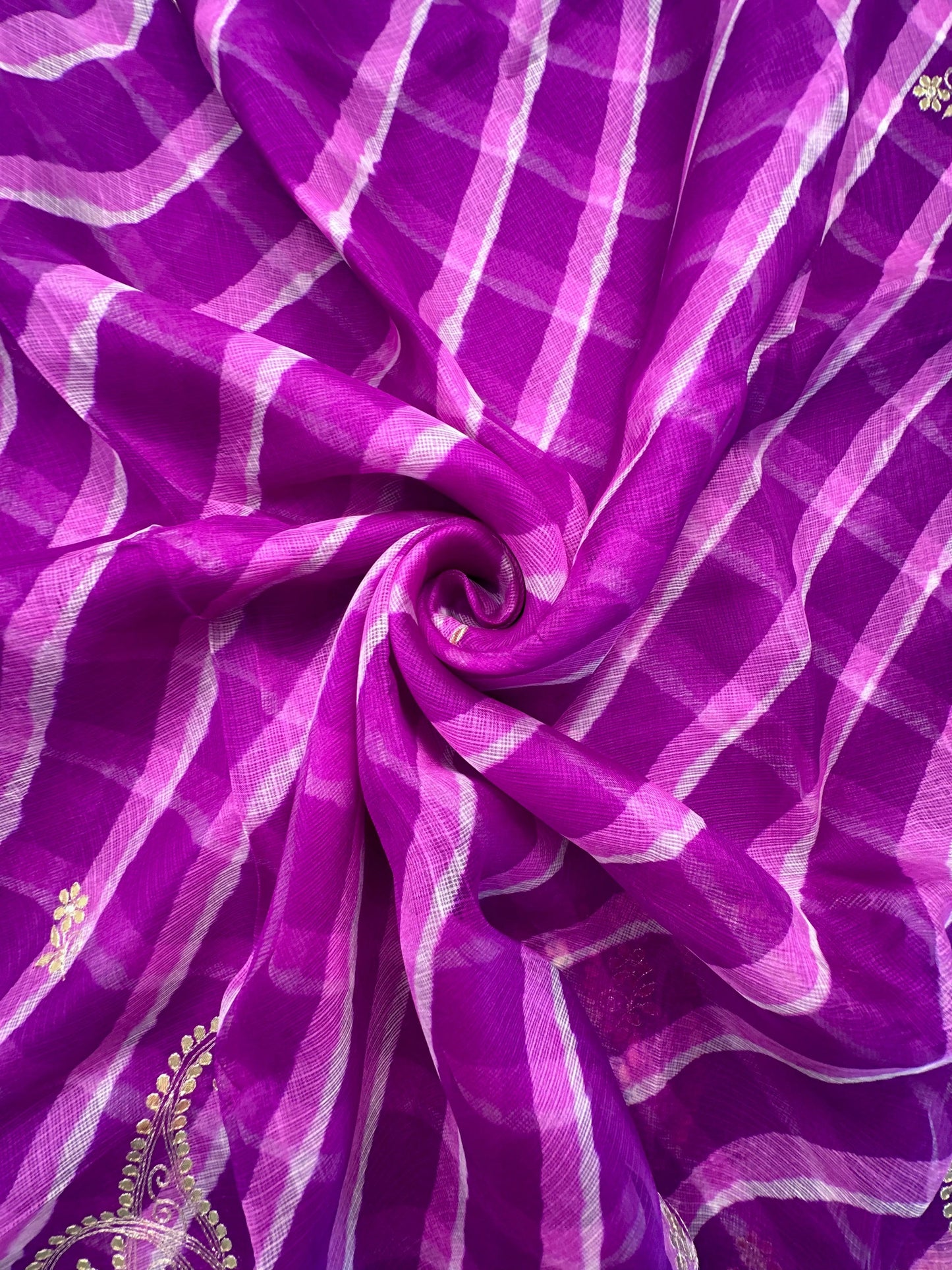 Purple Kyra Leheriya Kota Doria Pure Silk Saree With Gota Patti Work