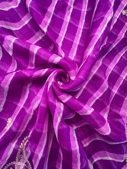 Purple Kyra Leheriya Kota Doria Pure Silk Saree With Gota Patti Work