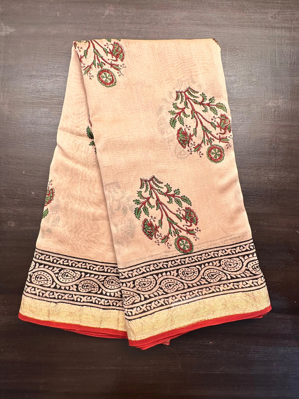 Beige Chanderi Saree with Hand Block Print