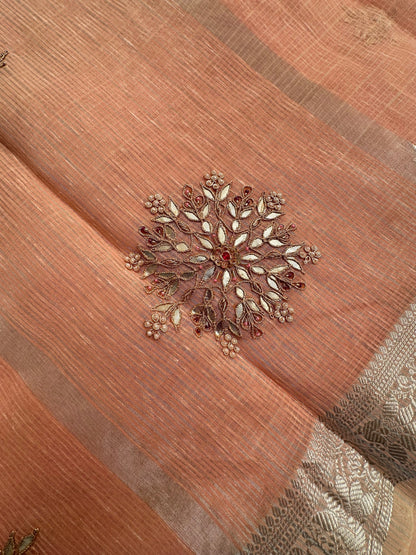 Peach Fancy Cotton Saree With Hand Work