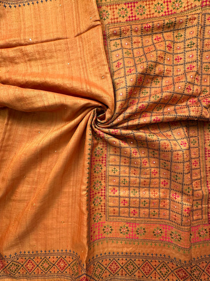 Mustard Pure Tussar Silk Saree With Embroidery