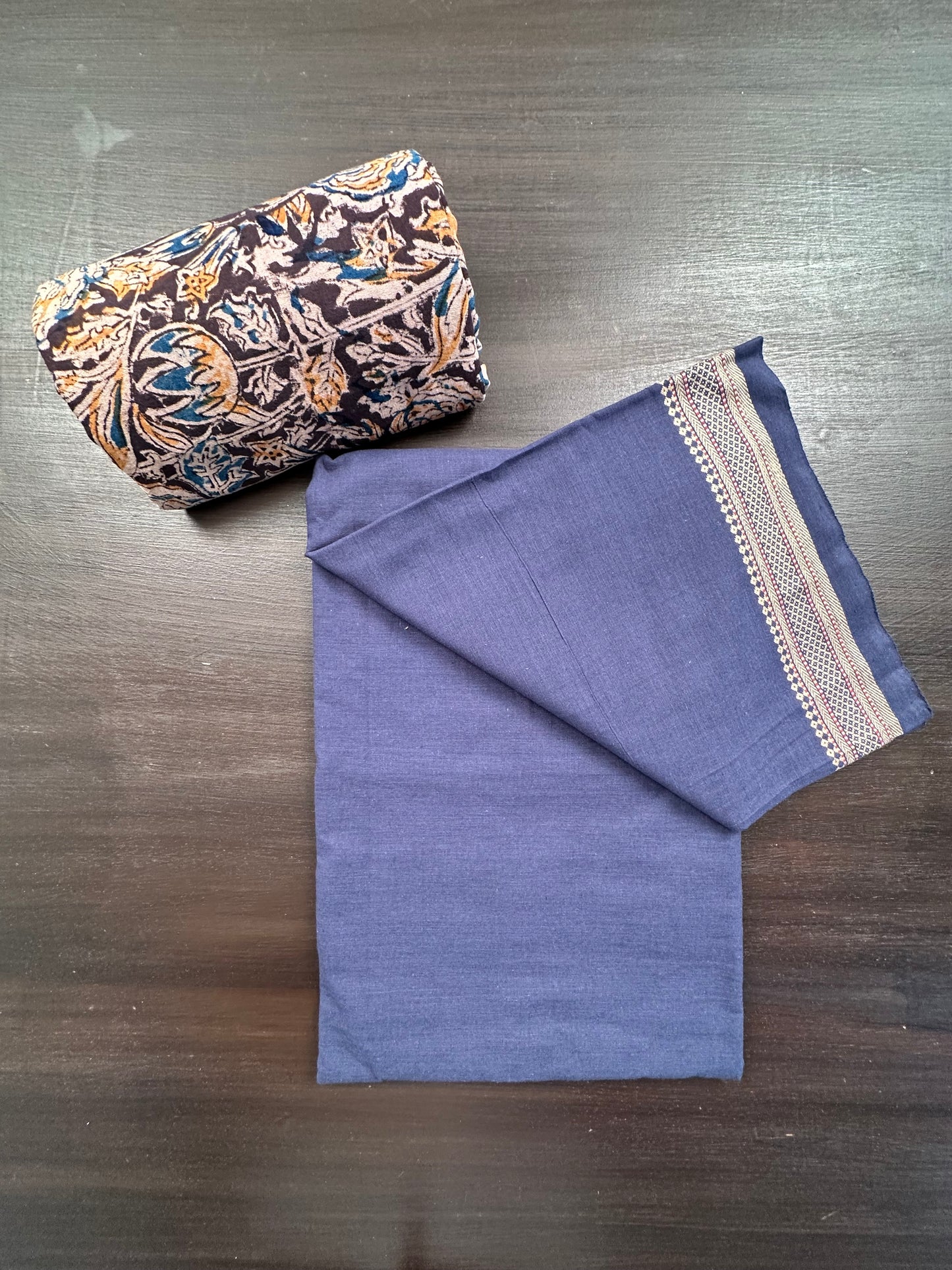 Navy Blue Mangalgiri Cotton Unstitched 3-Piece Suit