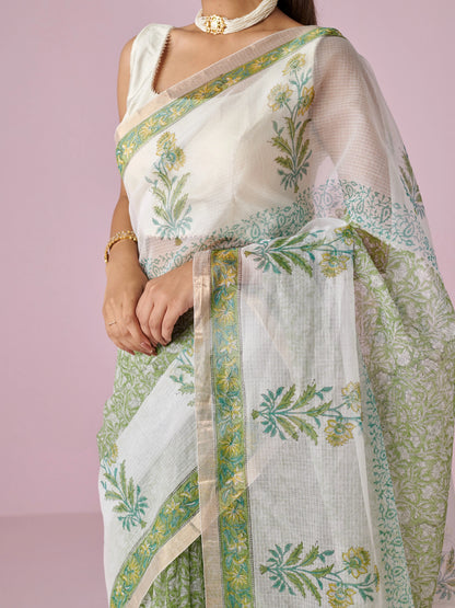 Off White- Green Block Printed Kota Doria Cotton Saree