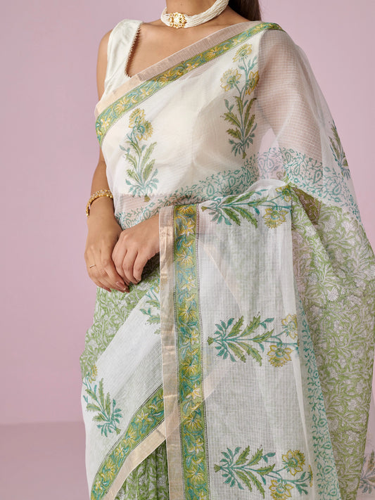 Off White- Green Block Printed Kota Doria Cotton Saree