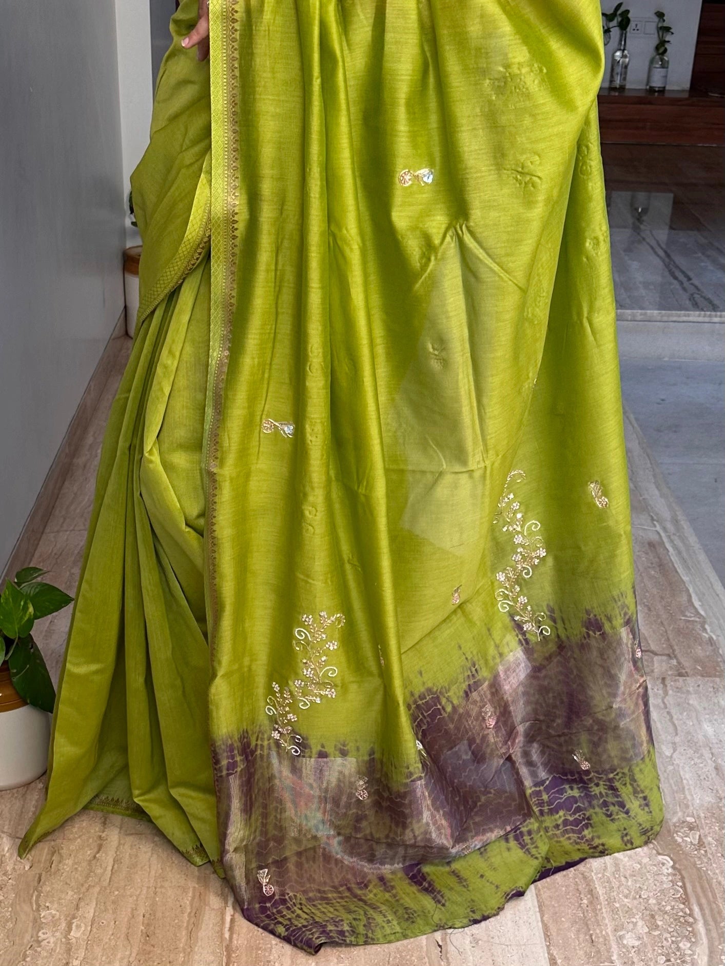 Green Drishti Chanderi Saree With Hand Work