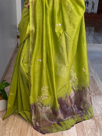 Green Drishti Chanderi Saree With Hand Work