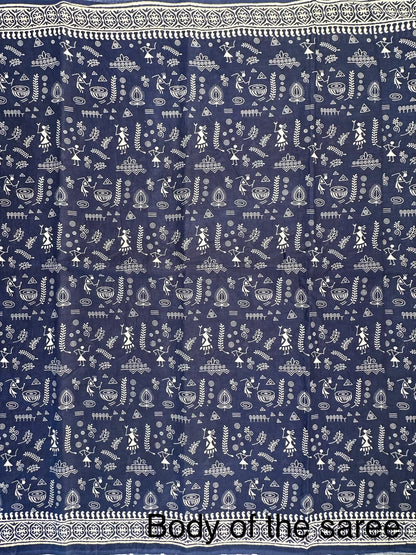 Navy Blue Warli Print Pure Cotton Saree