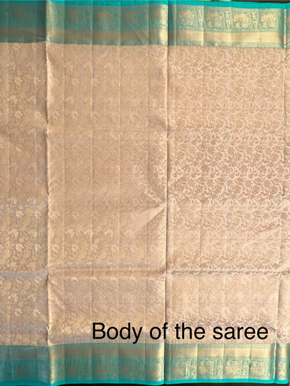 Cream-Sea Green Handloom Kanjivaram Jamawar Pure Silk Saree