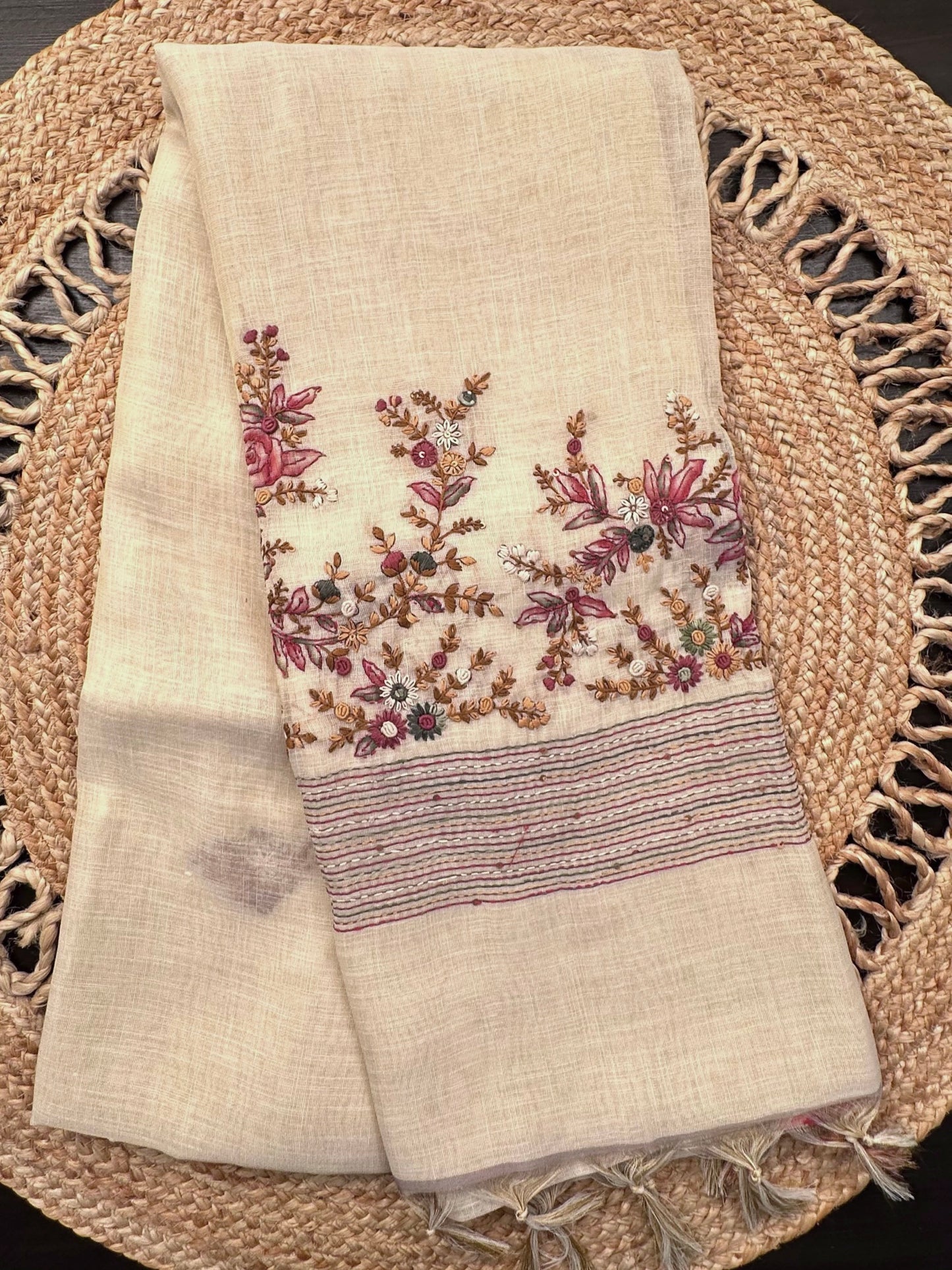 Cream Blended Cotton Saree with Handwork