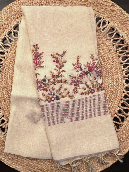 Cream Blended Cotton Saree with Handwork