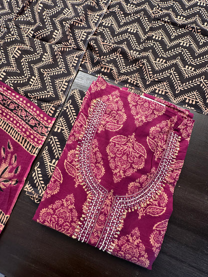 Magenta Printed Cotton 3-Piece Suit