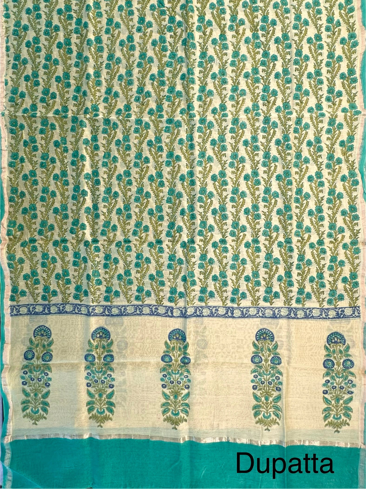 Green Chanderi Khadi Hand Block Printed 3-Piece Unstitched Suit