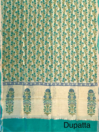 Green Chanderi Khadi Hand Block Printed 3-Piece Unstitched Suit