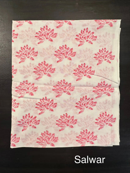 Off White-Pink Hand Block Printed Chanderi 3-Piece Unstitched Suit with Aari Work