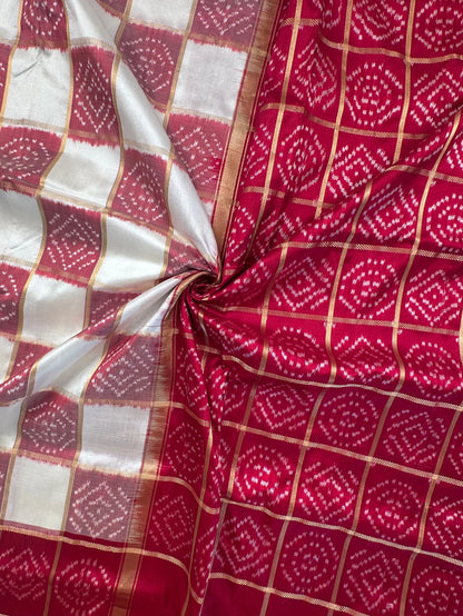Off White-Red Patola Pure Silk Saree