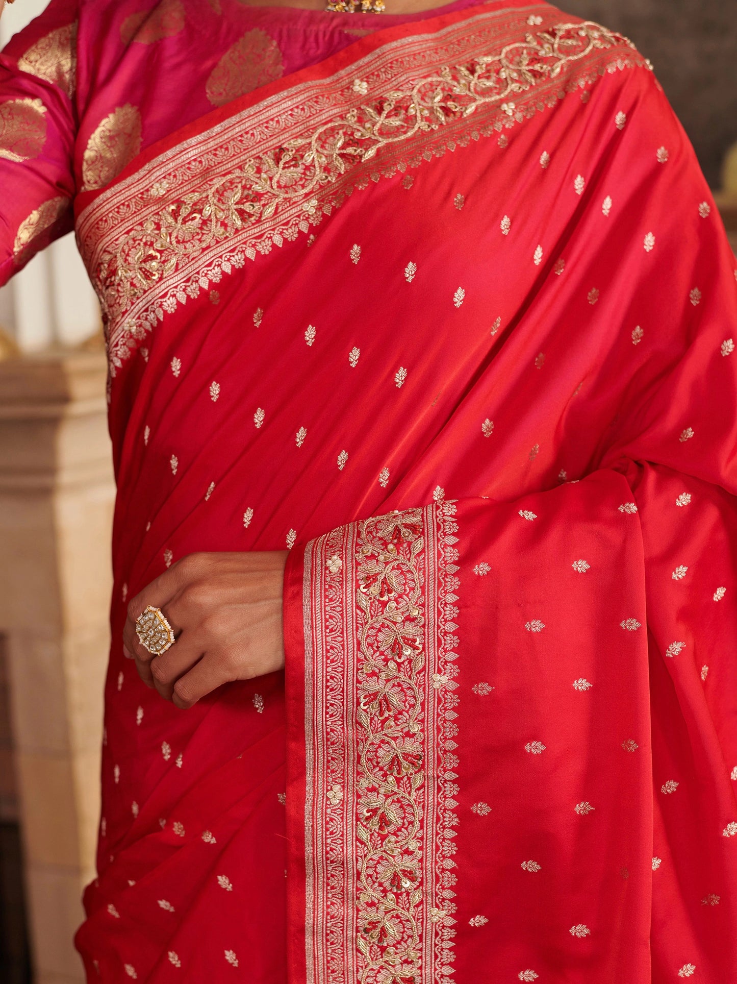 Pinkish Red Blended Silk Saree
