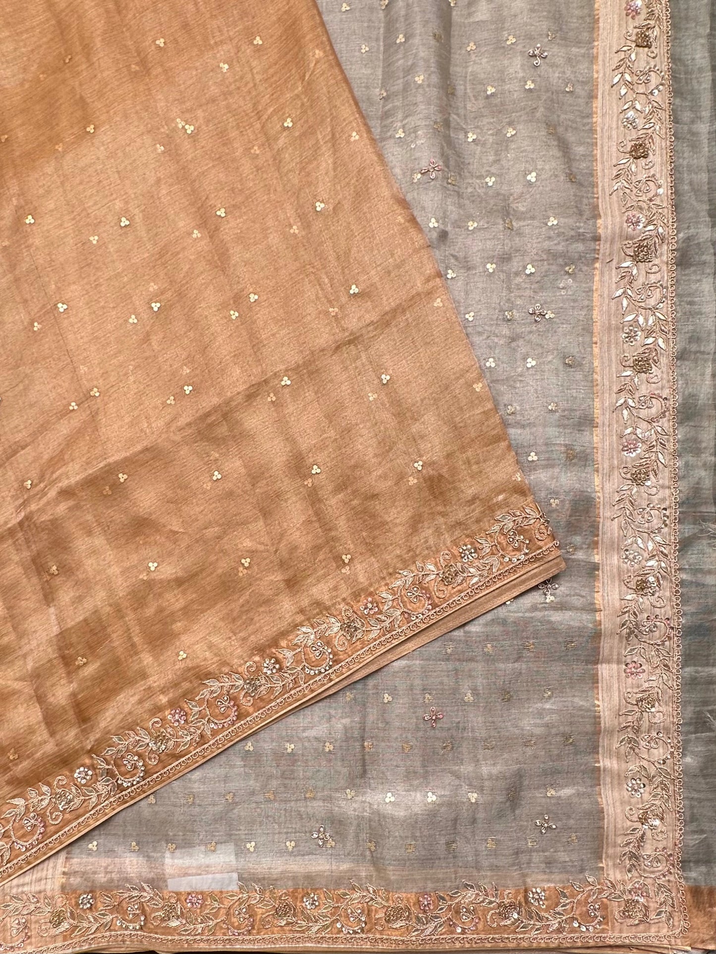 Golden-Silver Tissue Silk Saree With Hand Work