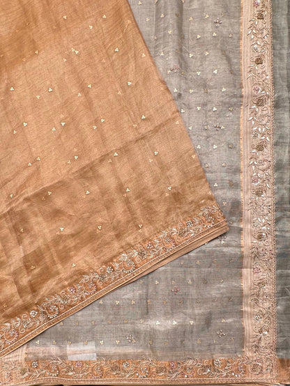 Golden-Silver Tissue Silk Saree With Hand Work