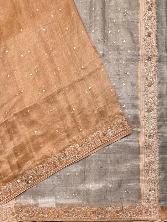 Golden-Silver Tissue Silk Saree With Hand Work