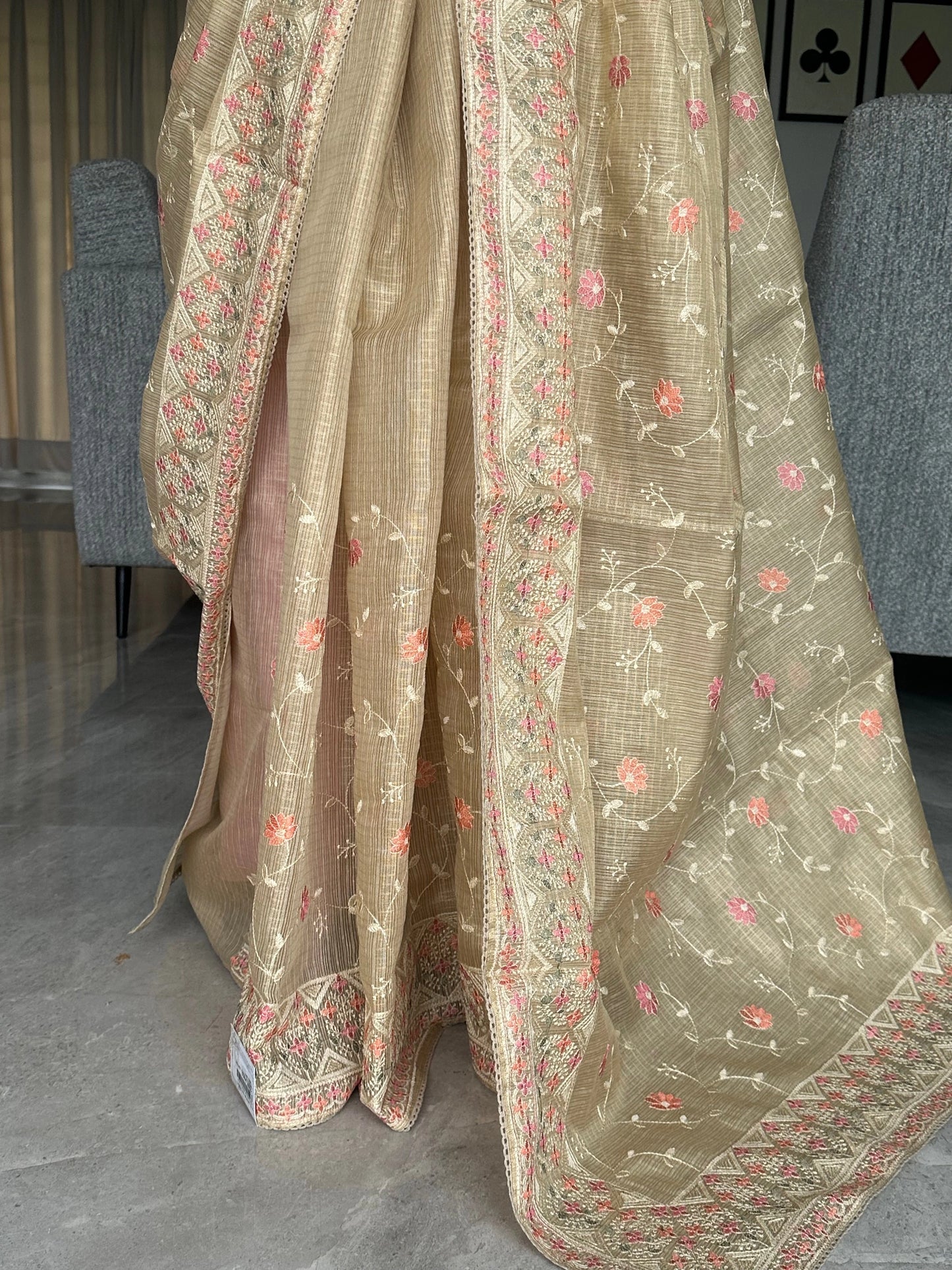 Cream Fancy Tissue Saree
