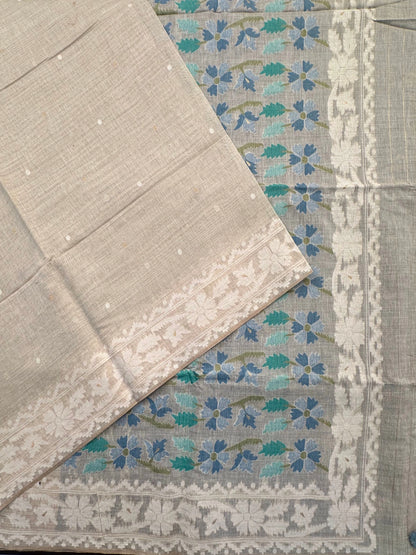 Beige - Blue Floral Weave Fancy Cotton Saree