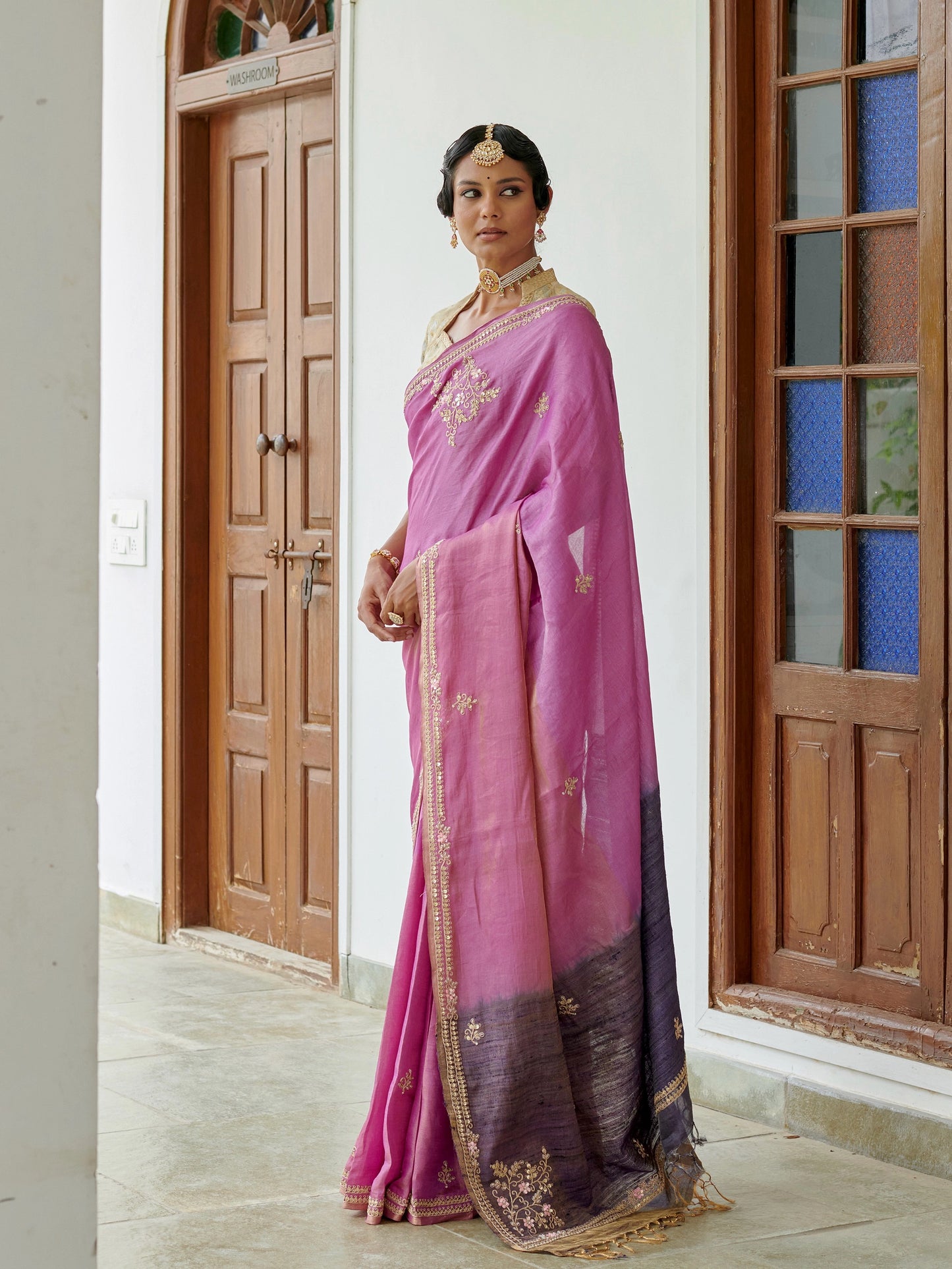 Pink Tussar Silk Saree With Zari Buta